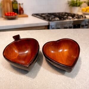 Vintage MCM set of 2 hearts shaped wooden bowls serving dishes decorative only